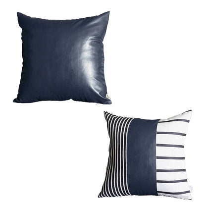 Bohemian Mixed Set of 2 Vegan Faux Leather Navy Blue Geometric Throw Pillow Cover for Couch, Bedding