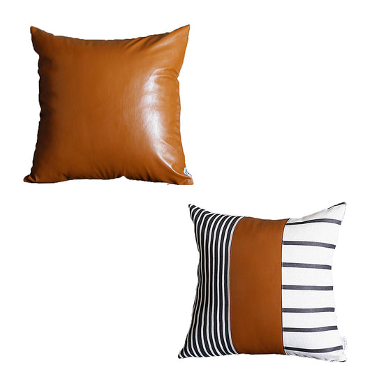 Bohemian Mixed Set of 2 Vegan Faux Leather Brown Geometric Throw Pillow Cover for Couch, Bedding