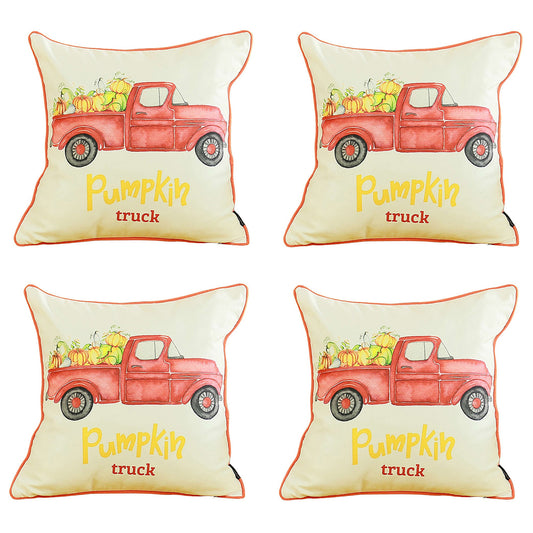 Decorative Fall Thanksgiving Throw Pillow Cover Set of 4 Red Pumpkin Truck 18" x 18" White & Red Square for Couch, Bedding