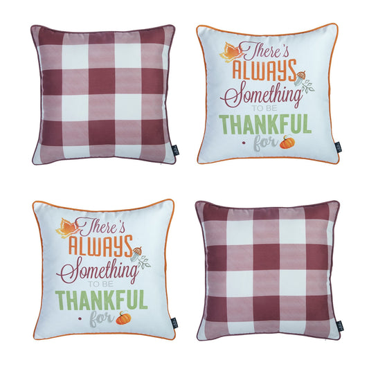 Decorative Fall Thanksgiving Throw Pillow Cover Set of 4 Plaid & Quote 18" x 18" Yellow & Orange Square for Couch, Bedding