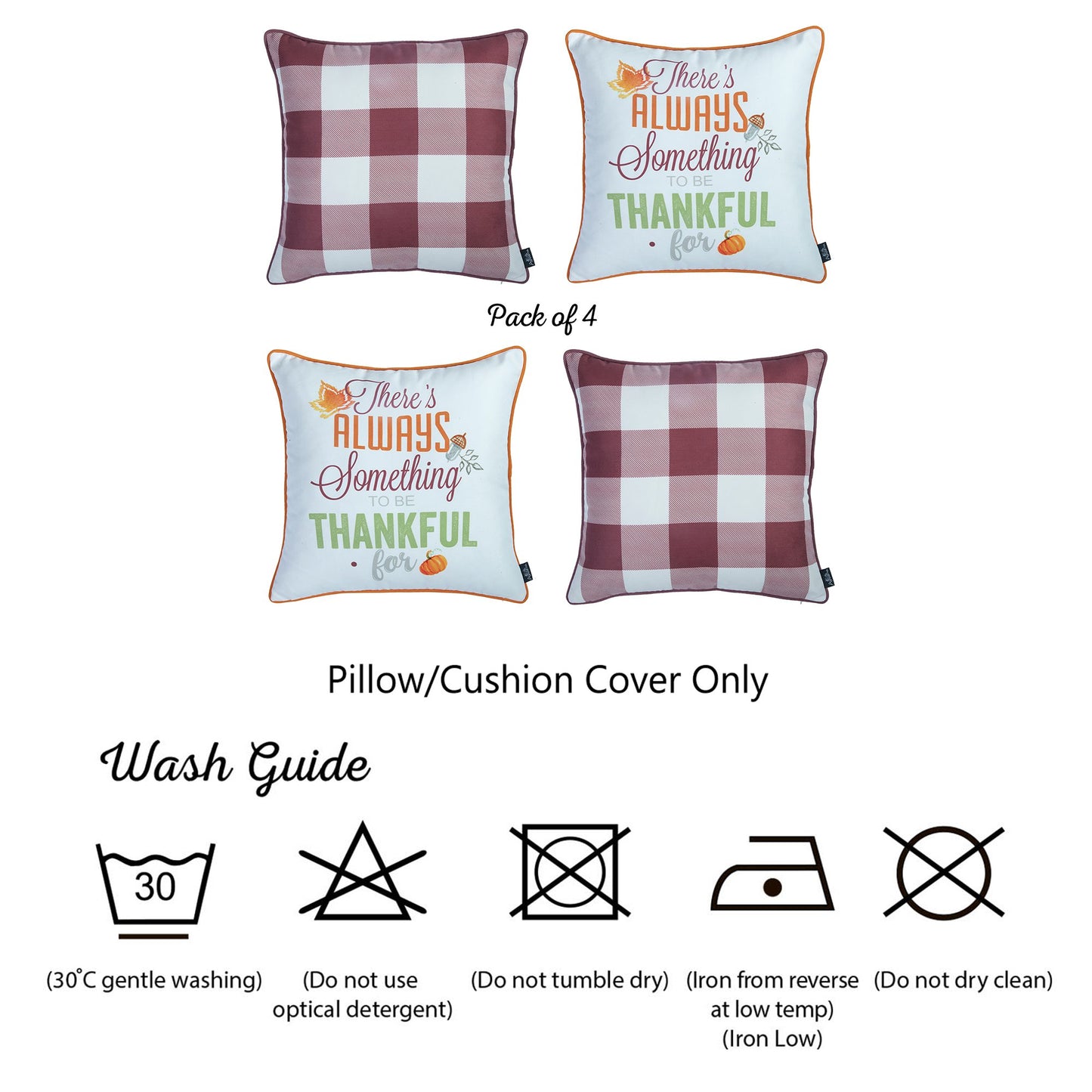 Decorative Fall Thanksgiving Throw Pillow Cover Set of 4 Plaid & Quote 18" x 18" Yellow & Orange Square for Couch, Bedding