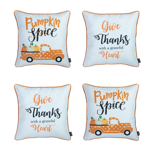 Decorative Fall Thanksgiving Throw Pillow Cover Set of 4 Pumpkin Truck & Quote 18" x 18" White & Orange Square for Couch, Bedding