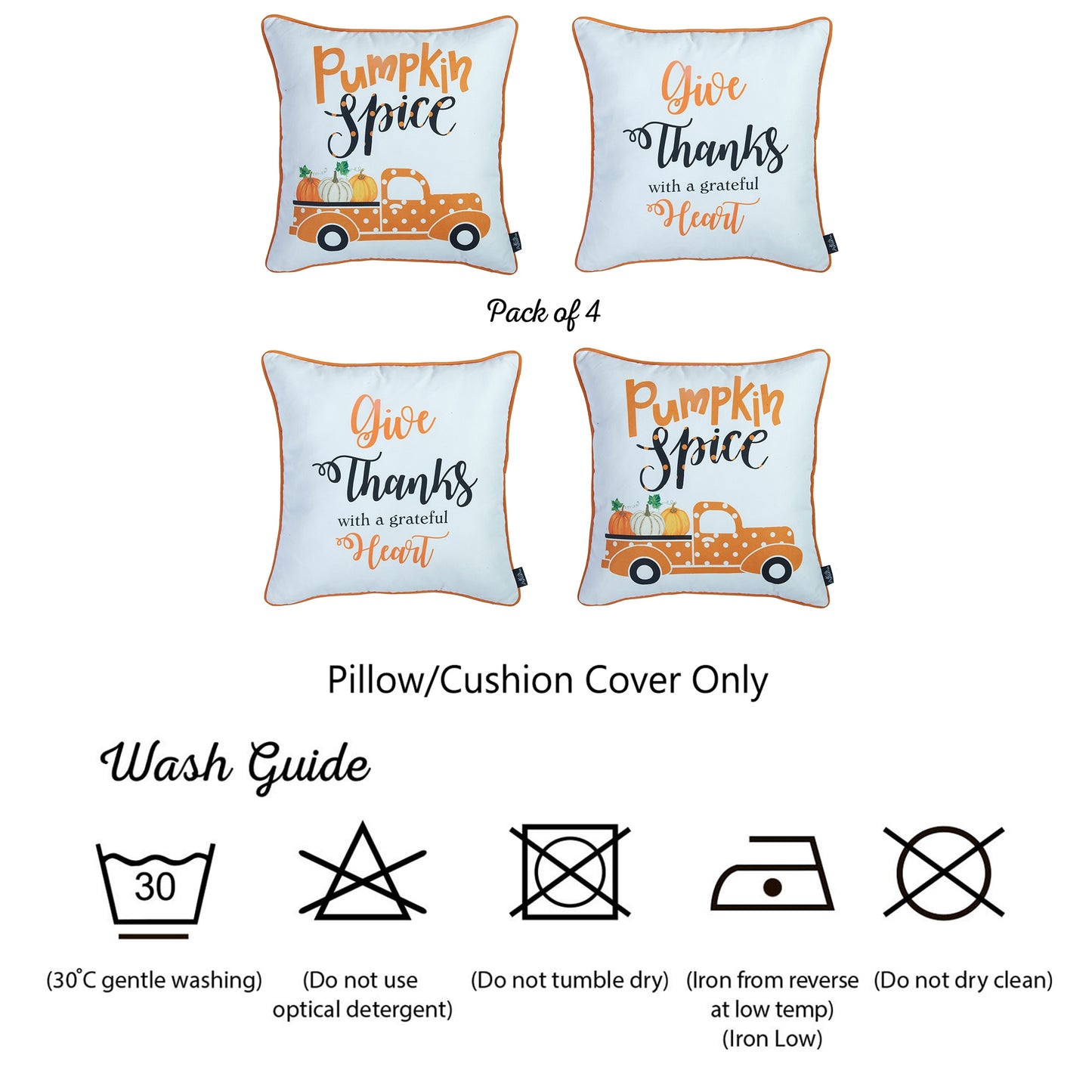 Decorative Fall Thanksgiving Throw Pillow Cover Set of 4 Pumpkin Truck & Quote 18" x 18" White & Orange Square for Couch, Bedding