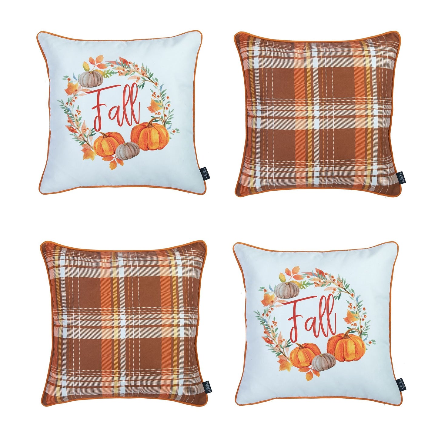 Decorative Fall Thanksgiving Throw Pillow Cover Set of 4 Plaid & Pumpkins 18" x 18" Yellow & Orange Square for Couch, Bedding