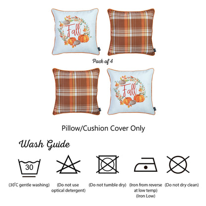 Decorative Fall Thanksgiving Throw Pillow Cover Set of 4 Plaid & Pumpkins 18" x 18" Yellow & Orange Square for Couch, Bedding