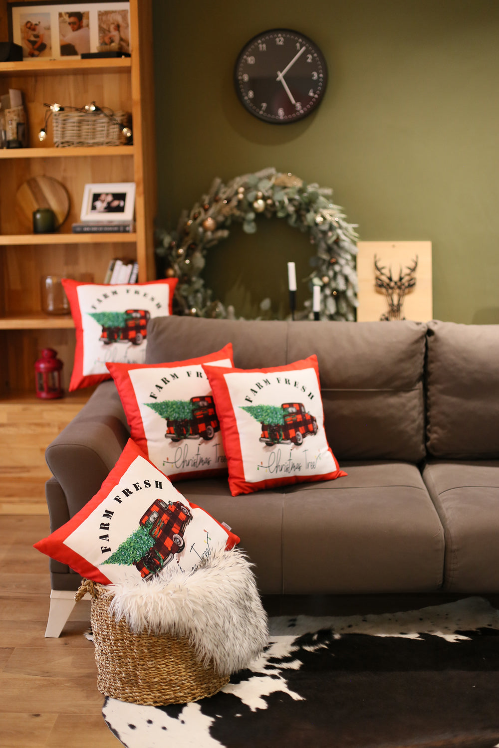 Decorative Christmas Truck Throw Pillow Cover Set of 4 Square 18" x 18" Red & White for Couch, Bedding