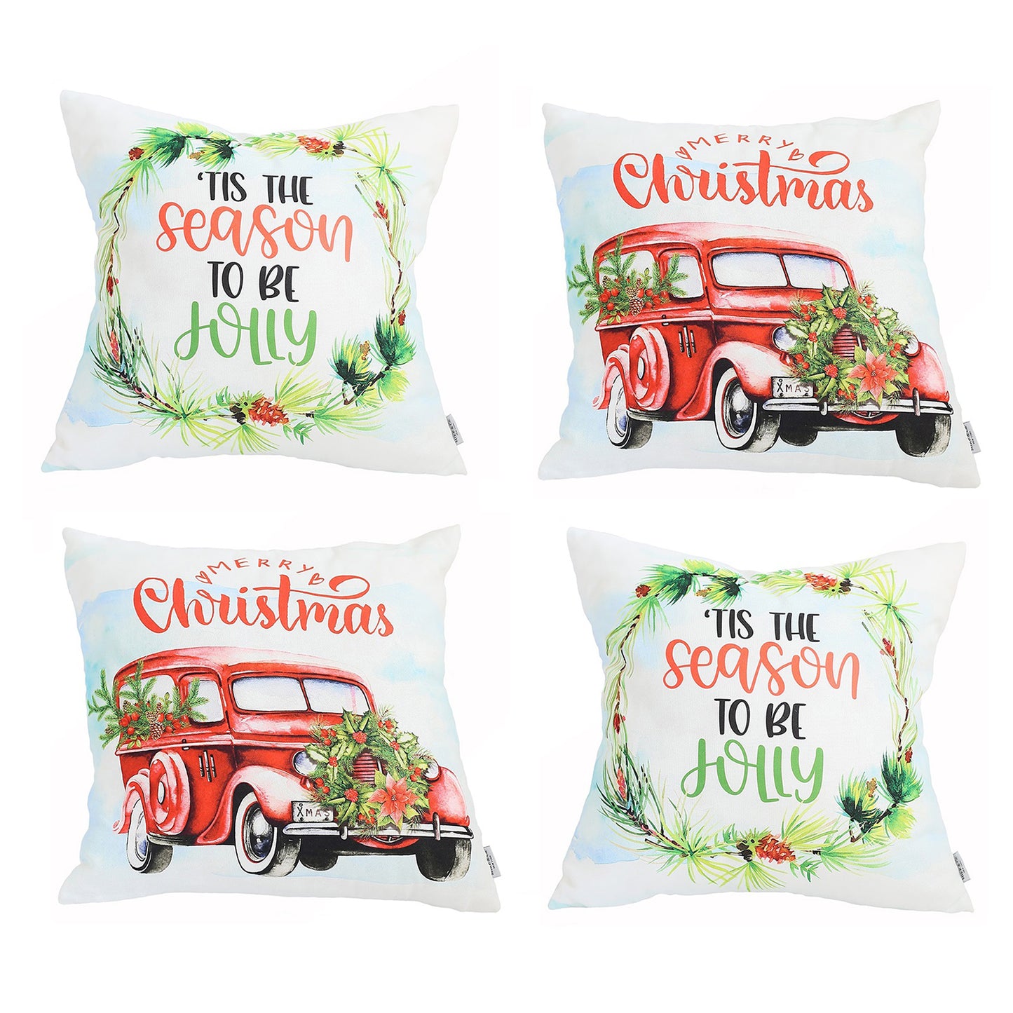 Decorative Christmas Car & Quote Throw Pillow Cover Set of 4 Square 18" x 18" White & Red for Couch, Bedding