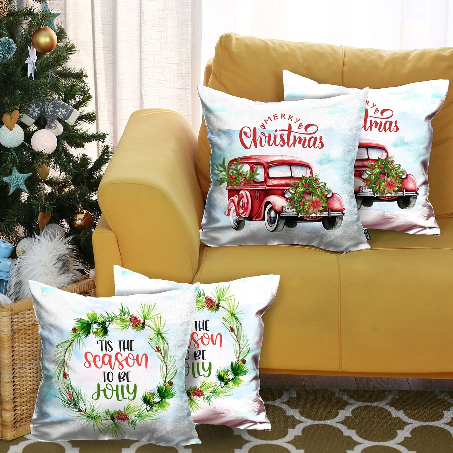 Decorative Christmas Car & Quote Throw Pillow Cover Set of 4 Square 18" x 18" White & Red for Couch, Bedding