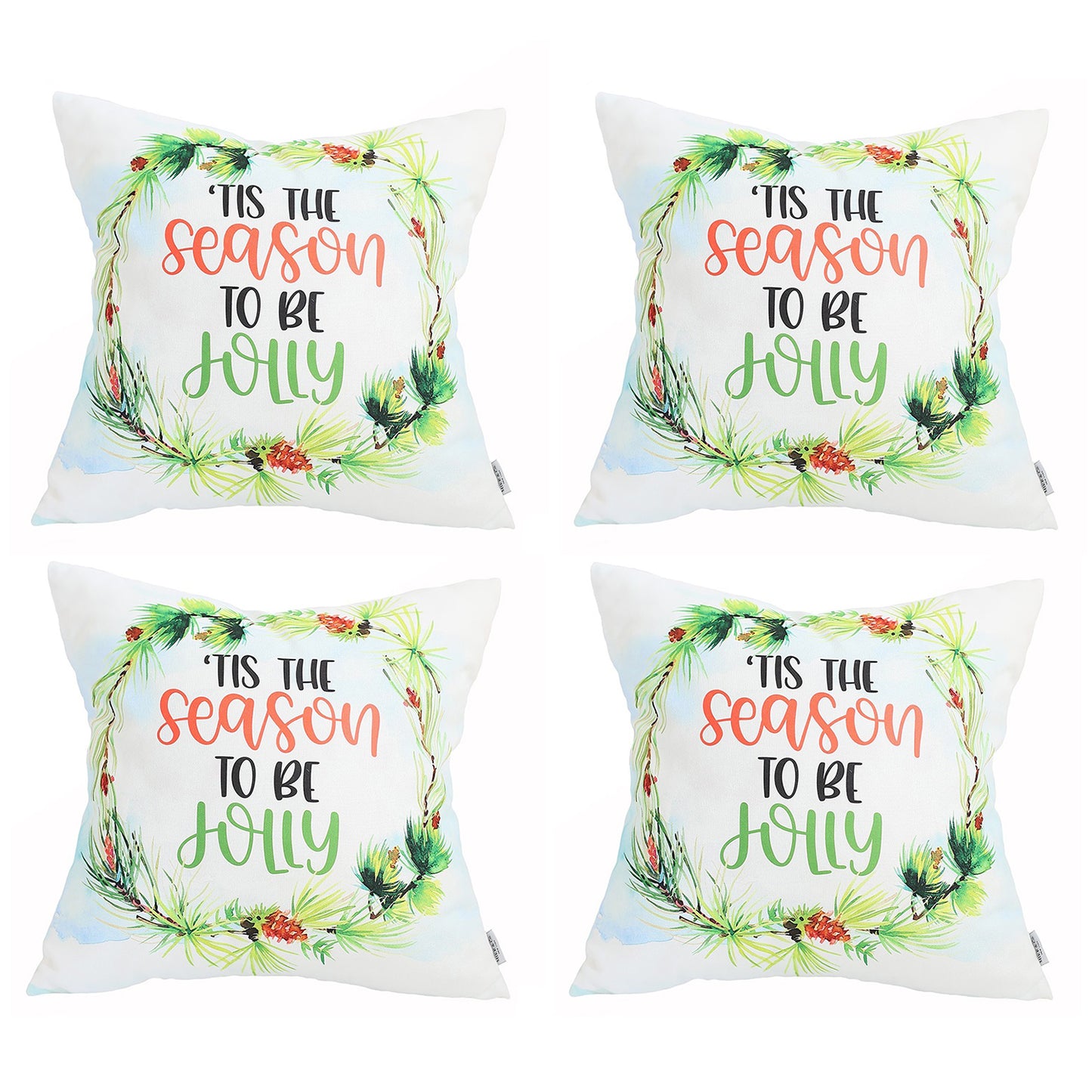 Decorative Christmas Themed Throw Pillow Cover Set of 4 Square 18" x 18" White & Green for Couch, Bedding