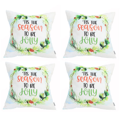 Decorative Christmas Themed Throw Pillow Cover Set of 4 Square 18" x 18" White & Green for Couch, Bedding