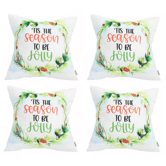 Decorative Christmas Themed Throw Pillow Cover Set of 4 Square 18" x 18" White & Green for Couch, Bedding