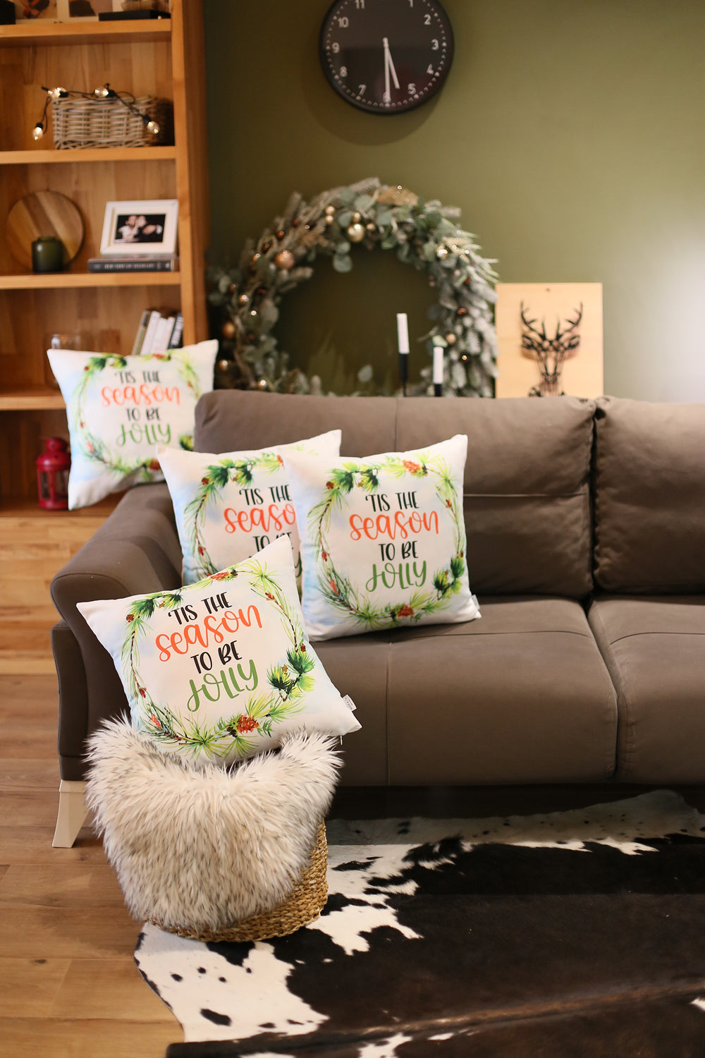 Decorative Christmas Themed Throw Pillow Cover Set of 4 Square 18" x 18" White & Green for Couch, Bedding