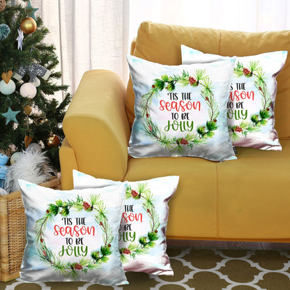 Decorative Christmas Themed Throw Pillow Cover Set of 4 Square 18" x 18" White & Green for Couch, Bedding