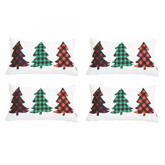 Decorative Christmas Tree Throw Pillow Cover Set of 4 Lumbar 12" x 20" White & Red for Couch, Bedding