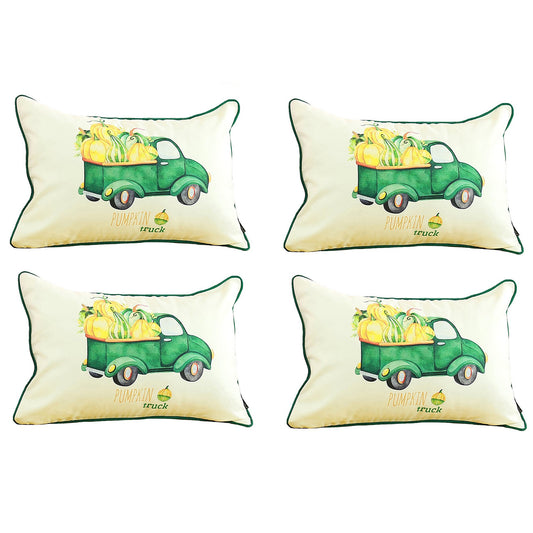 Decorative Fall Thanksgiving Throw Pillow Cover Set of 4 Pumpkin Truck 12" x 20" White & Green Lumbar for Couch, Bedding