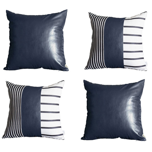Bohemian Mixed Set of 4 Vegan Faux Leather Navy Blue Geometric Throw Pillow Cover for Couch, Bedding