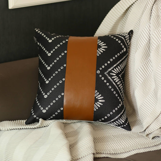 Bohemian Handmade Decorative Single Throw Pillow Vegan Faux Leather Geometric 17" x 17" Brown & Ivory Square for Couch, Bedding