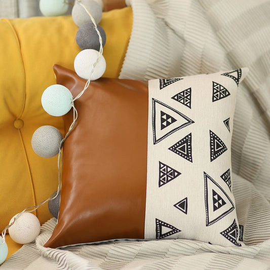 Bohemian Handmade Decorative Single Throw Pillow Vegan Faux Leather Geometric Square for Couch, Bedding