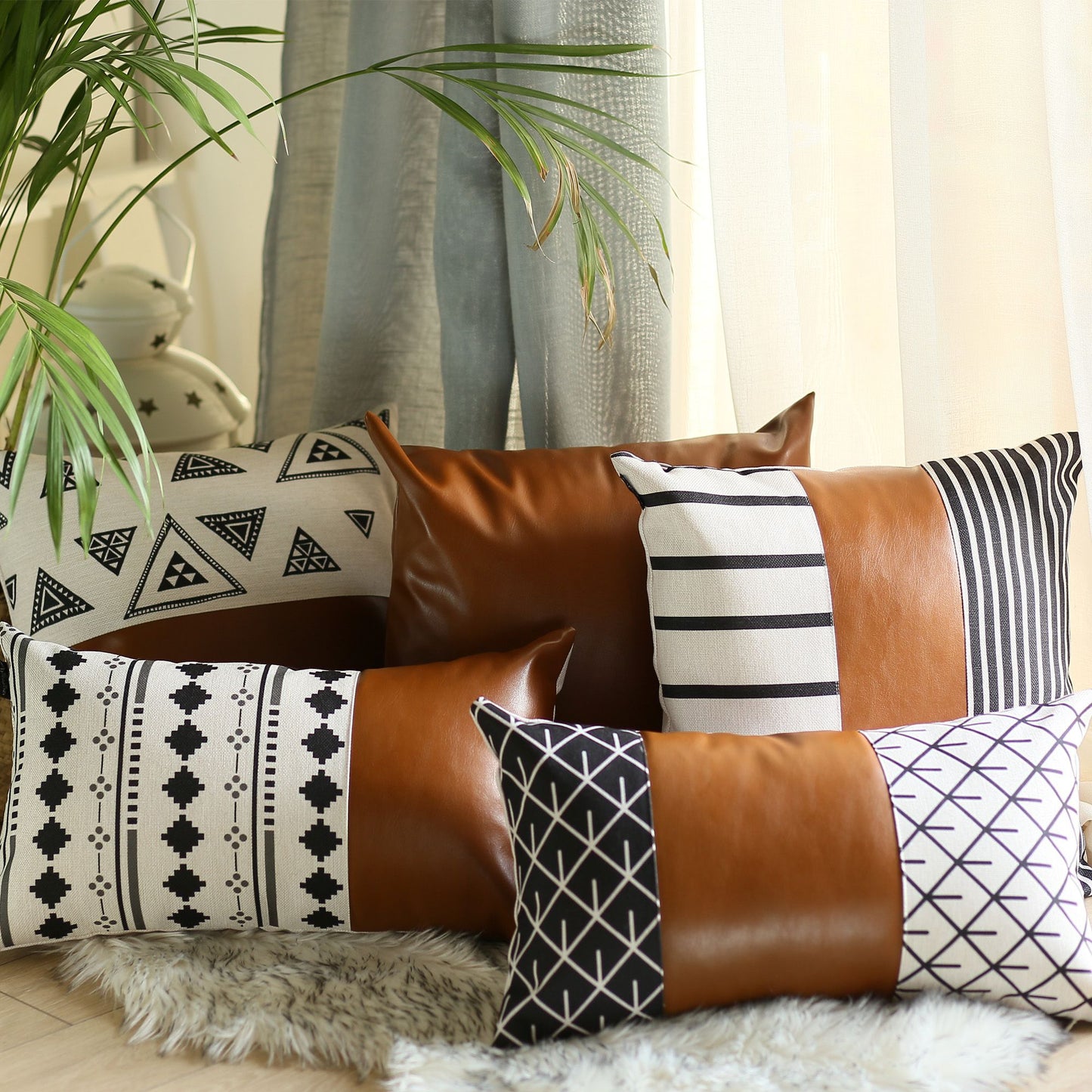 Bohemian Set of 2 Handmade Decorative Throw Pillow Vegan Faux Leather Geometric for Couch, Bedding