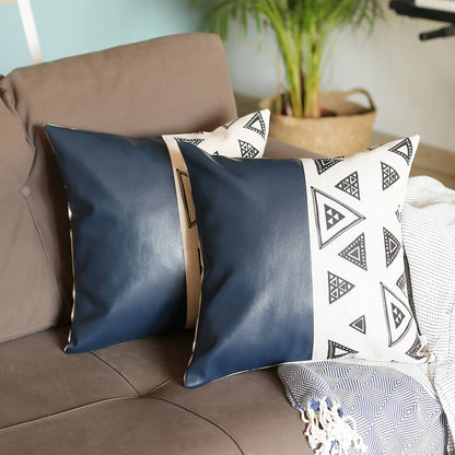 Bohemian Set of 2 Handmade Decorative Throw Pillow Vegan Faux Leather Geometric Square for Couch, Bedding