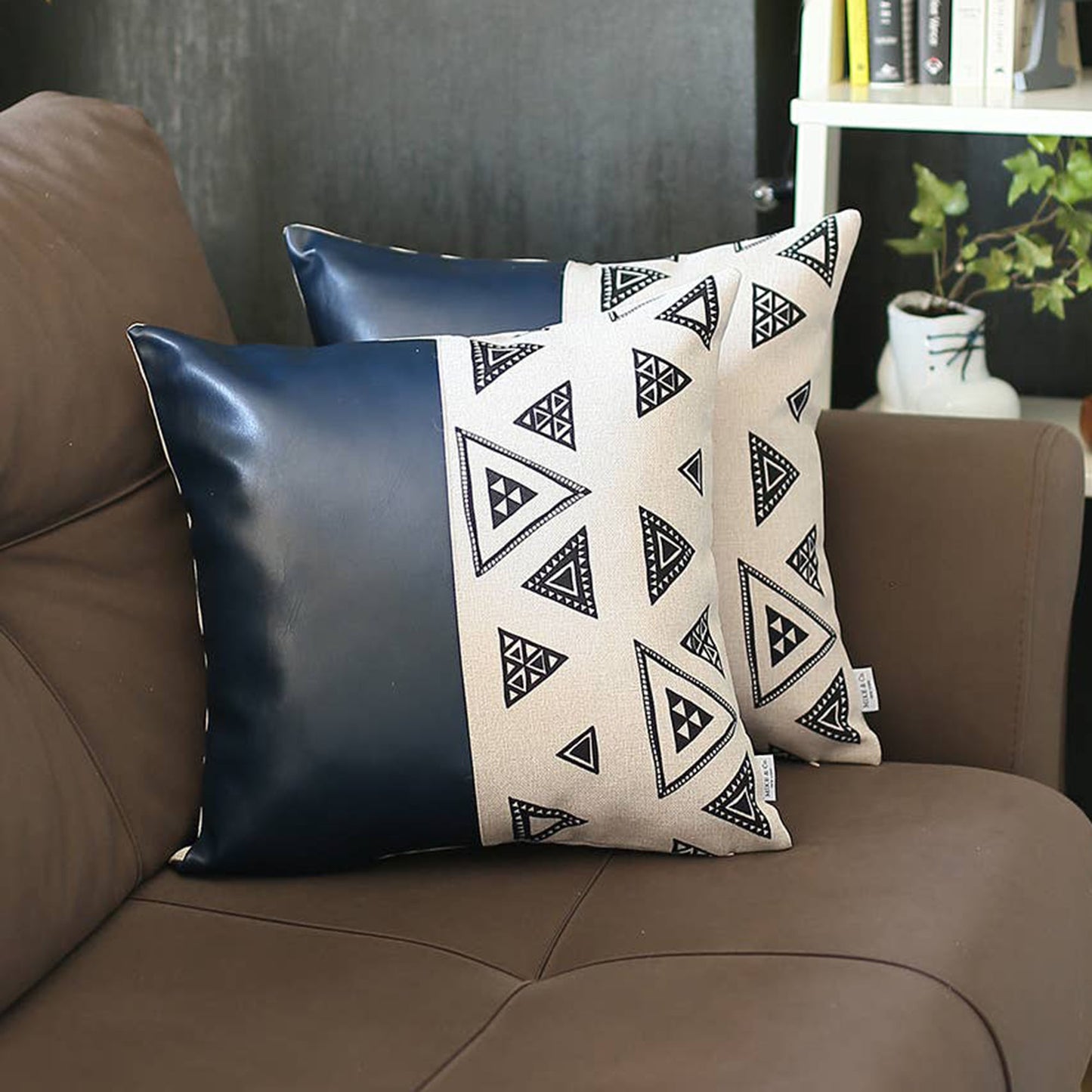 Bohemian Set of 2 Handmade Decorative Throw Pillow Vegan Faux Leather Geometric Square for Couch, Bedding