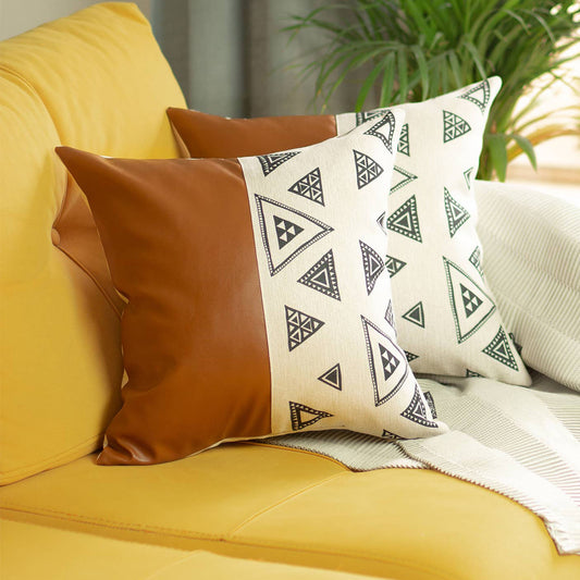 Bohemian Set of 2 Handmade Decorative Throw Pillow Vegan Faux Leather Geometric Square for Couch, Bedding