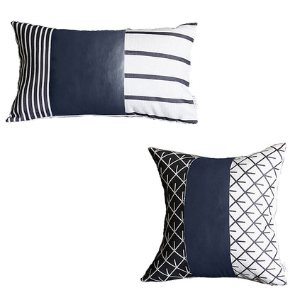 Boho Throw Pillow Navy Blue Mixed Design Set of 2 Vegan Faux Leather Geometric for Couch, Bedding