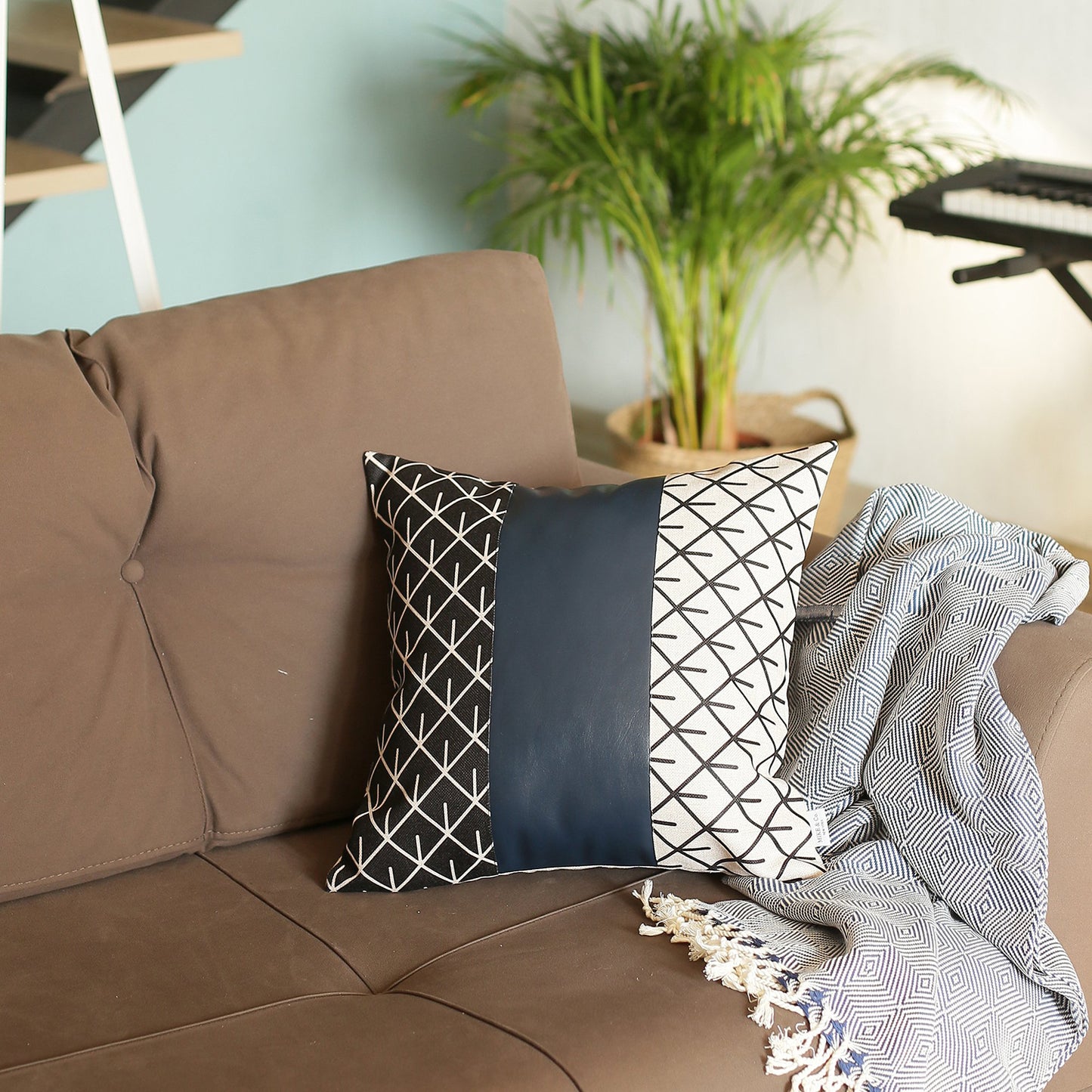 Boho Throw Pillow Navy Blue Mixed Design Set of 2 Vegan Faux Leather Geometric for Couch, Bedding