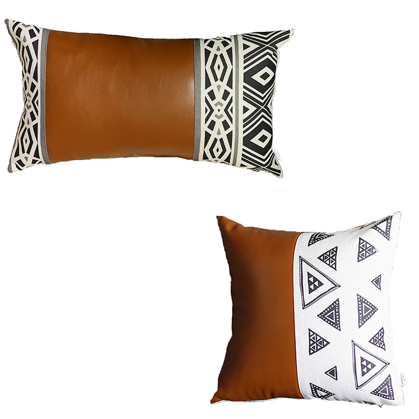 Boho Throw Pillow Brown Mixed Design Set of 2 Vegan Faux Leather Geometric for Couch, Bedding