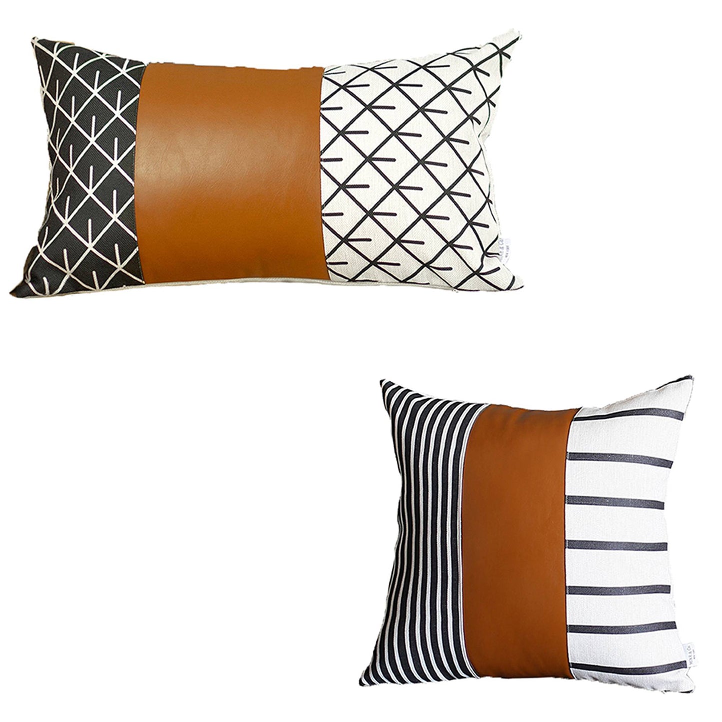 Boho Throw Pillow Brown Mixed Design Set of 2 Vegan Faux Leather Geometric for Couch, Bedding