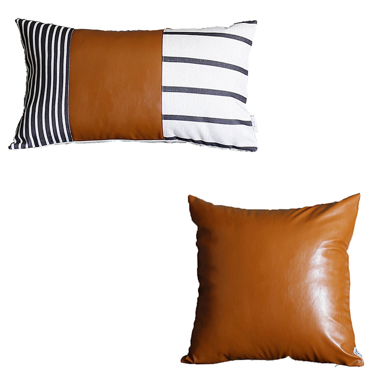 Boho Throw Pillow Brown Mixed Design Set of 2 Vegan Faux Leather Geometric for Couch, Bedding