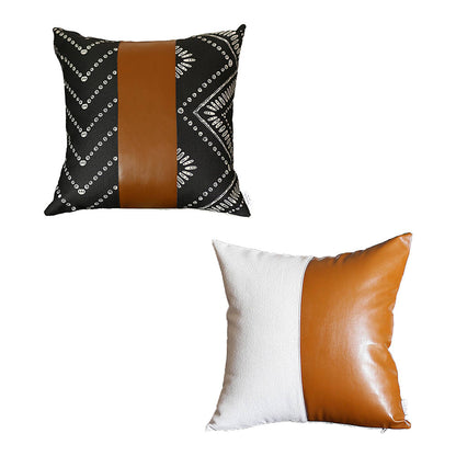 Boho Throw Pillow 17" x 17" Brown Mixed Design Set of 2 Vegan Faux Leather Geometric for Couch, Bedding