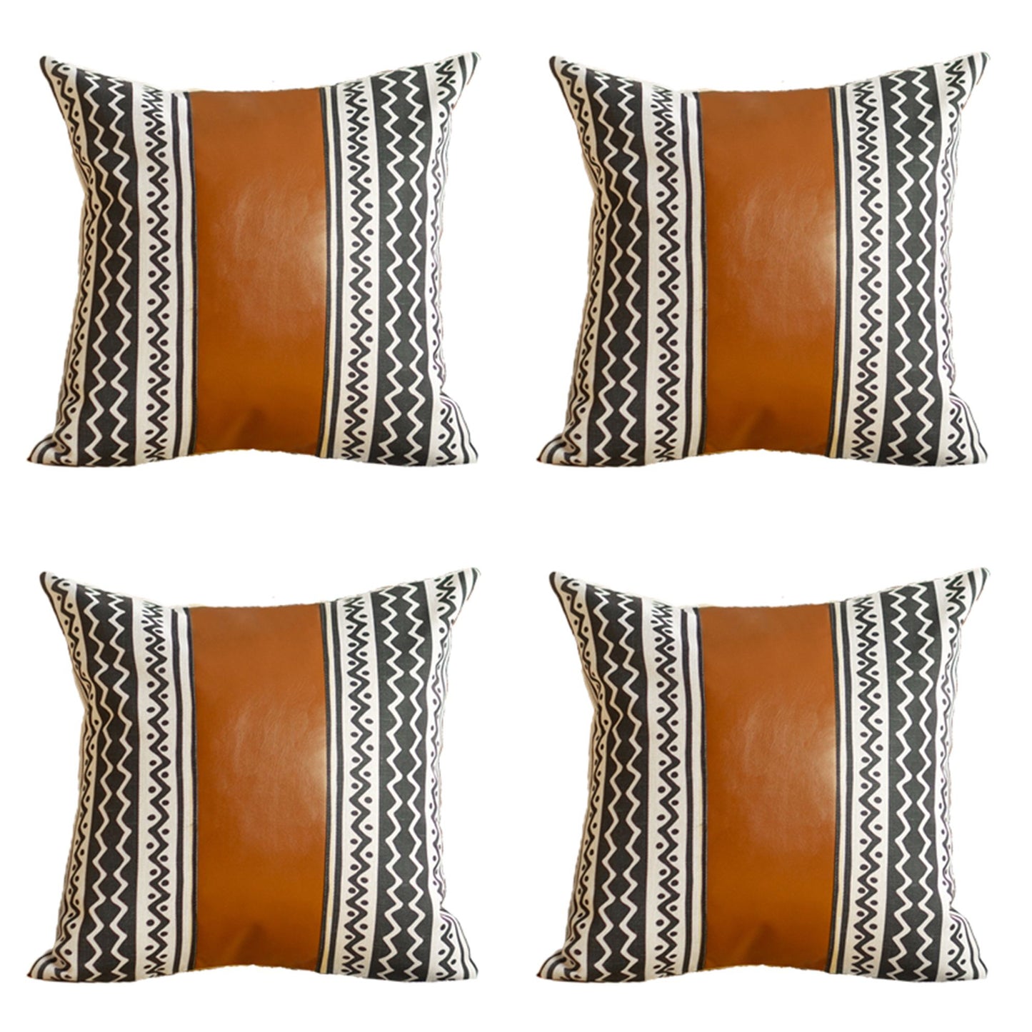 Bohemian Set of 4 Handmade Decorative Throw Pillow Vegan Faux Leather Geometric 17" x 17" Brown & Ivory Square for Couch, Bedding