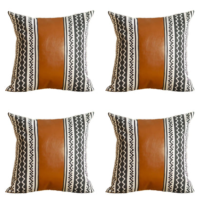 Bohemian Set of 4 Handmade Decorative Throw Pillow Vegan Faux Leather Geometric 17" x 17" Brown & Ivory Square for Couch, Bedding