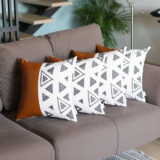 Bohemian Set of 4 Handmade Decorative Throw Pillow Vegan Faux Leather Geometric Square for Couch, Bedding