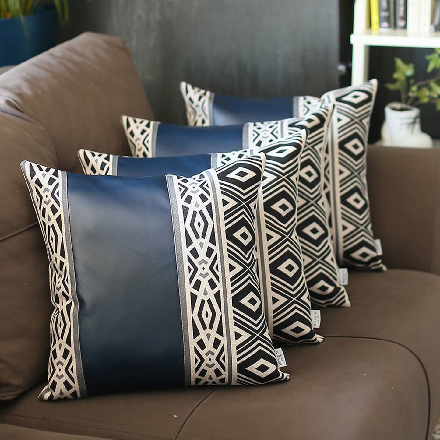 Bohemian Set of 4 Handmade Decorative Throw Pillow Vegan Faux Leather Geometric for Couch, Bedding