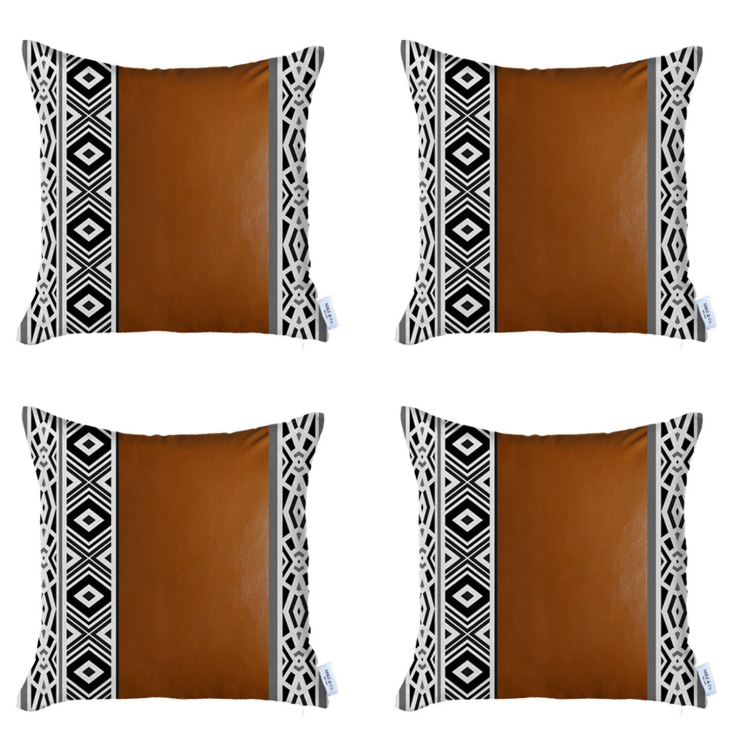 Bohemian Set of 4 Handmade Decorative Throw Pillow Vegan Faux Leather Geometric for Couch, Bedding