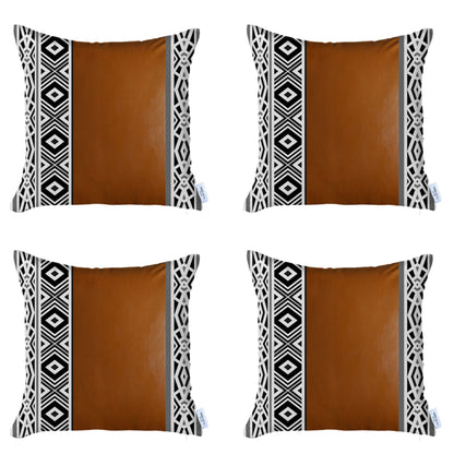 Bohemian Set of 4 Handmade Decorative Throw Pillow Vegan Faux Leather Geometric for Couch, Bedding