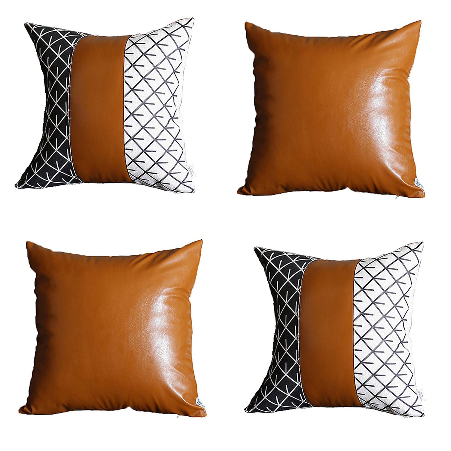 Boho Throw Pillow 17" x 17" Brown Mixed Design Set of 4 Vegan Faux Leather Geometric for Couch, Bedding