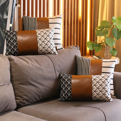 Boho Throw Pillow Brown Mixed Design Set of 4 Vegan Faux Leather Geometric for Couch, Bedding