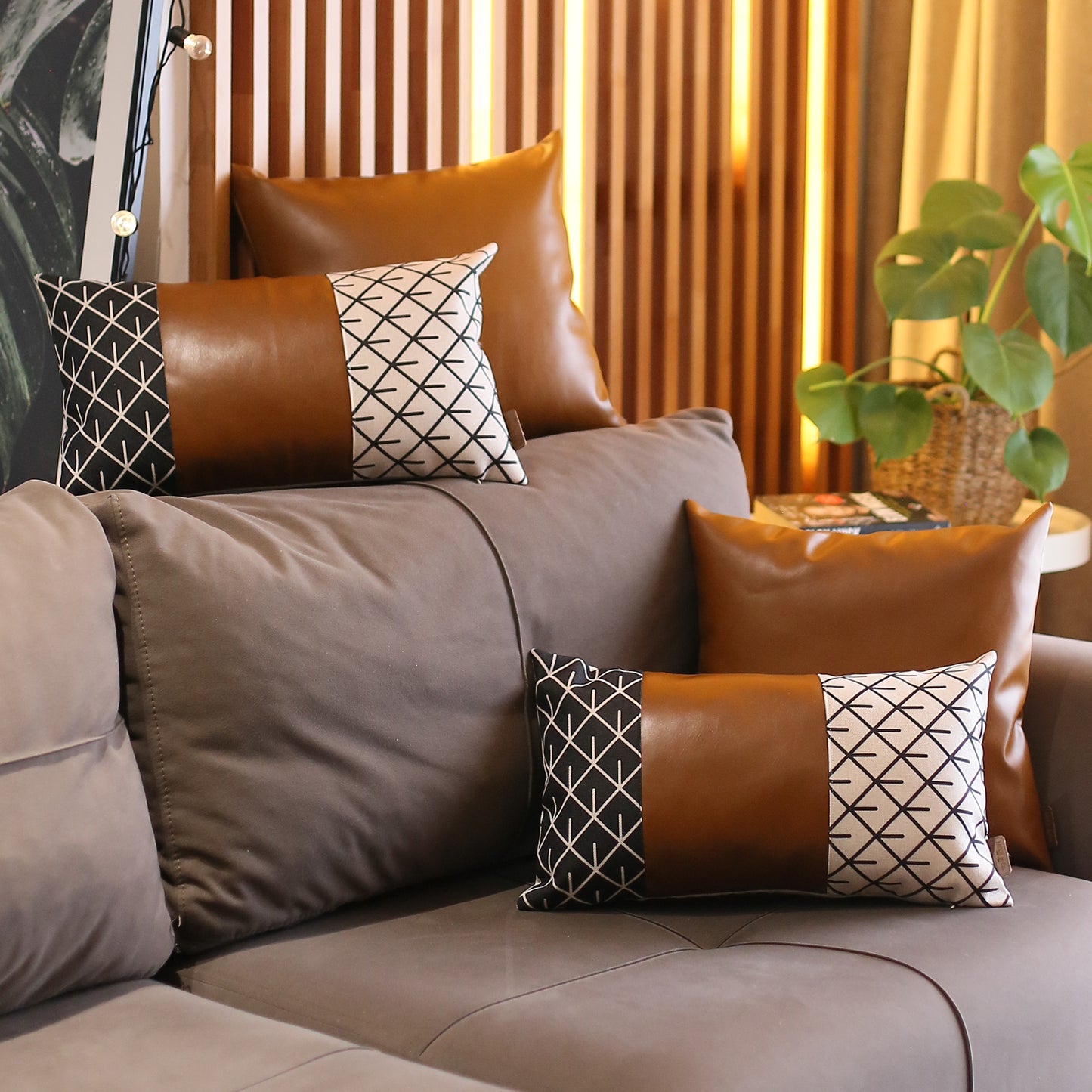 Boho Throw Pillow Brown Mixed Design Set of 4 Vegan Faux Leather Geometric for Couch, Bedding