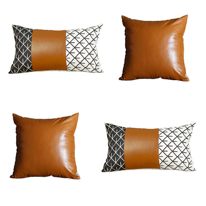 Boho Throw Pillow Brown Mixed Design Set of 4 Vegan Faux Leather Geometric for Couch, Bedding