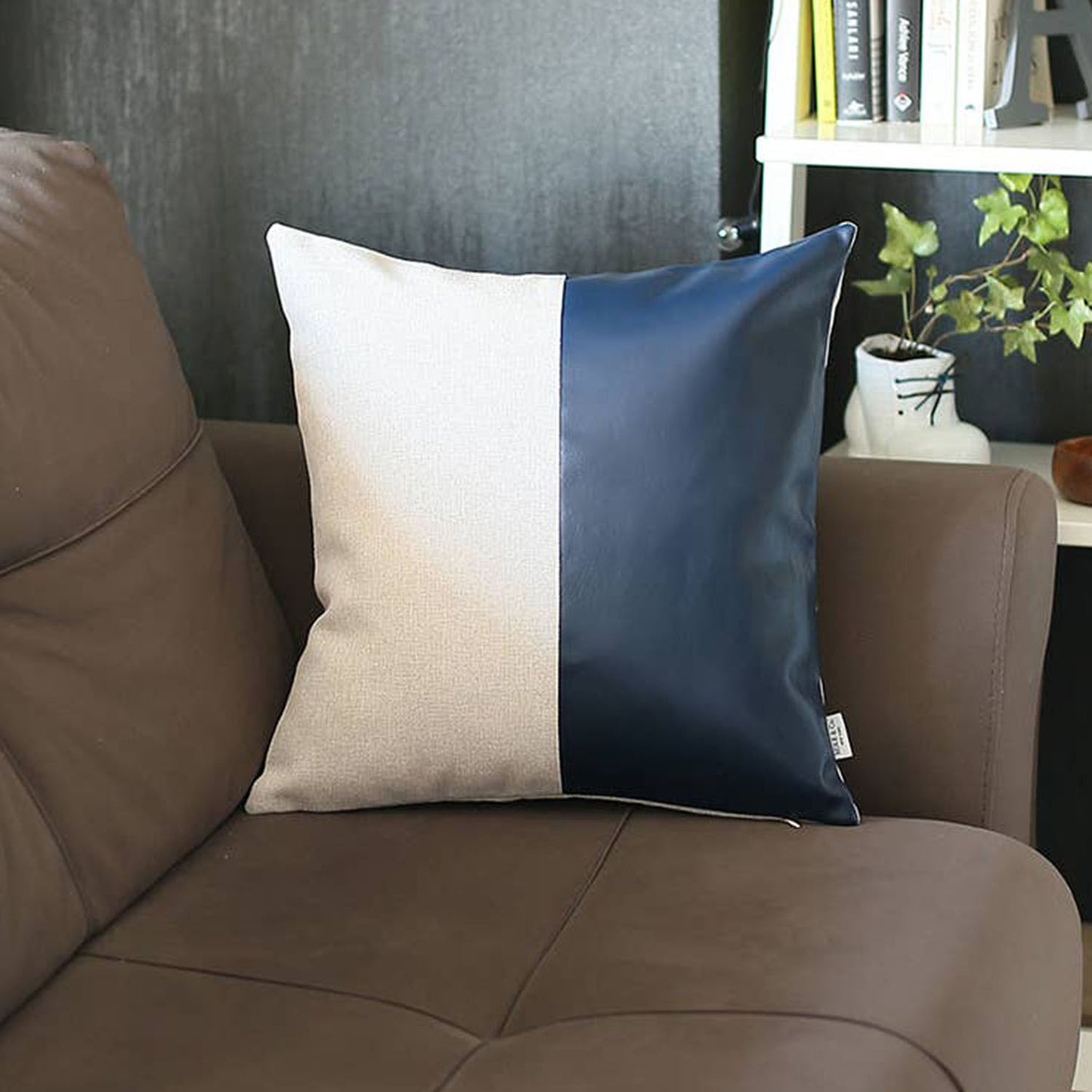 Boho Throw Pillow Navy Blue Mixed Design Set of 4 Vegan Faux Leather Solid for Couch, Bedding