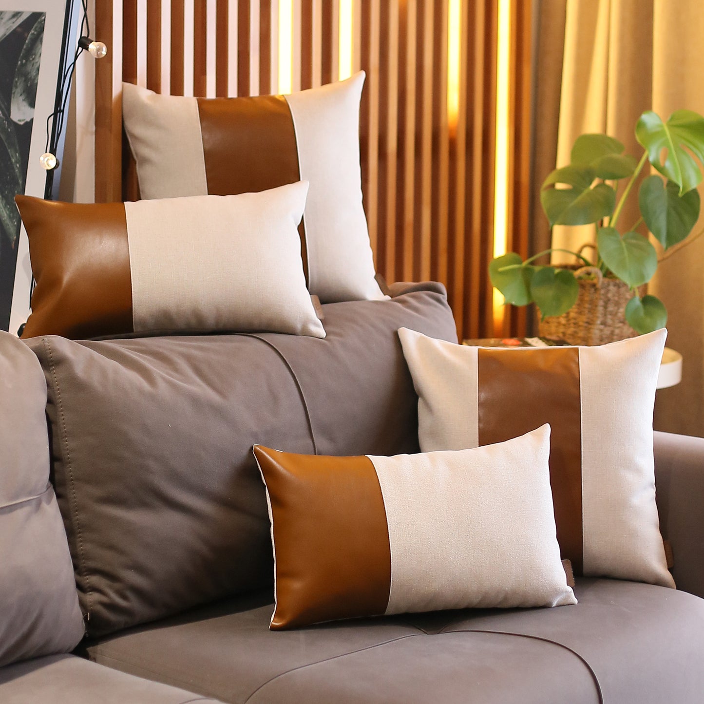 Boho Throw Pillow Brown Mixed Design Set of 4 Vegan Faux Leather Solid for Couch, Bedding