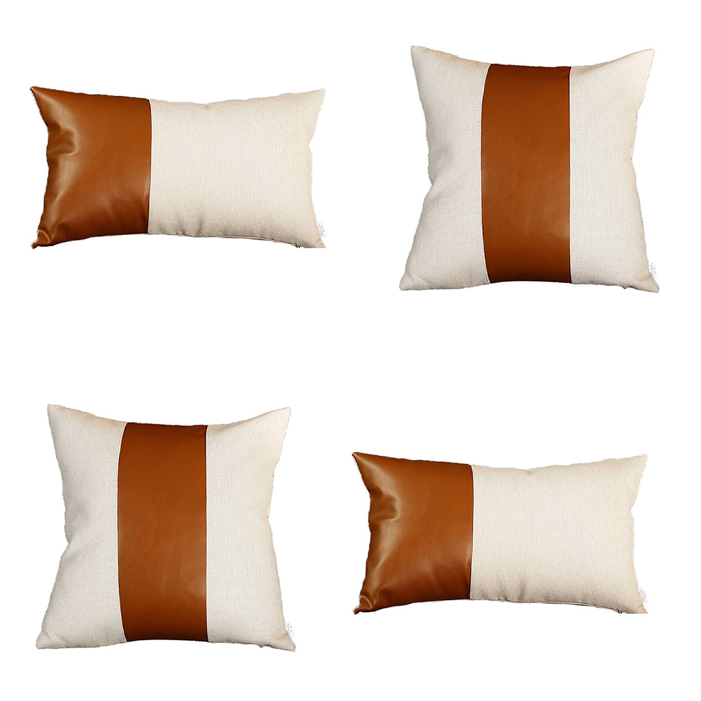 Boho Throw Pillow Brown Mixed Design Set of 4 Vegan Faux Leather Solid for Couch, Bedding