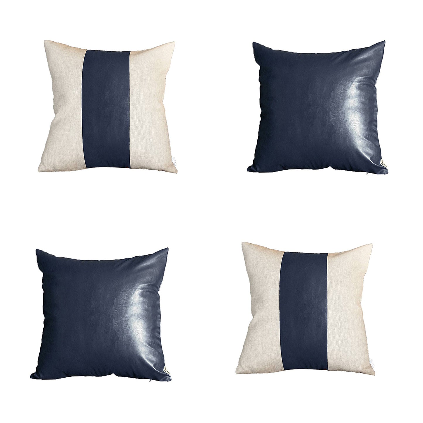 Boho Throw Pillow 17" x 17" Navy Blue Mixed Design Set of 4 Vegan Faux Leather Solid for Couch, Bedding