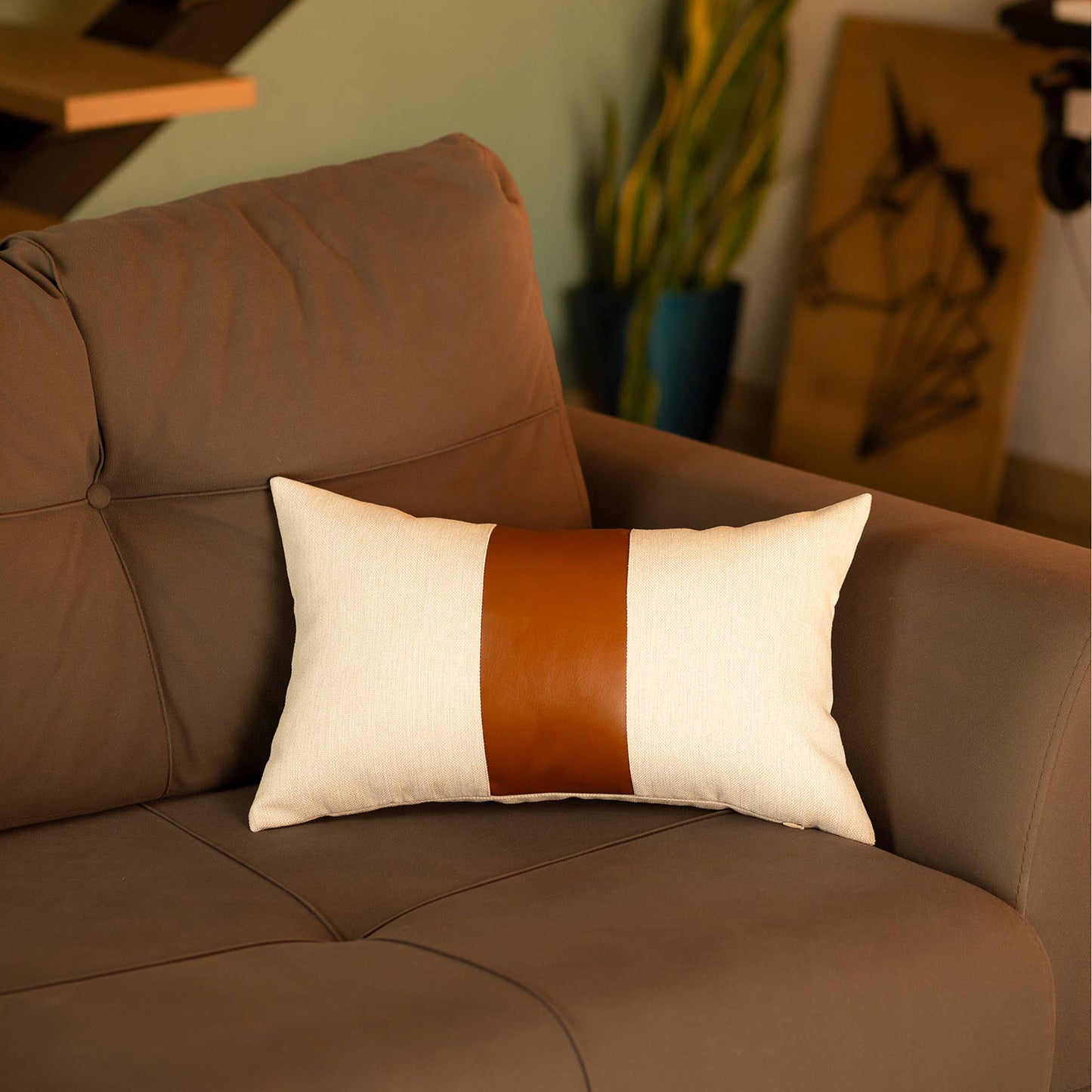 Boho Throw Pillow Brown Mixed Design Set of 4 Vegan Faux Leather Solid for Couch, Bedding