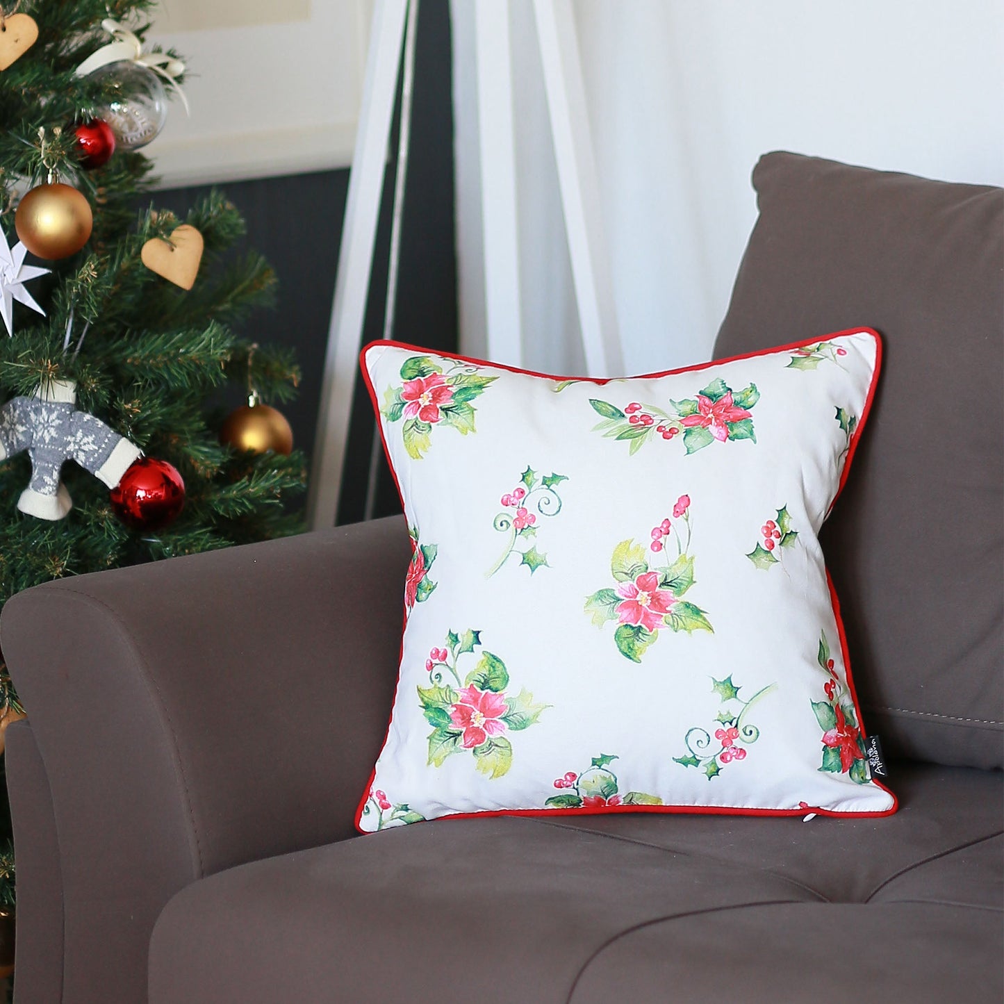 Christmas Themed Decorative Single Throw Pillow 18" x 18" White & Red Square for Couch, Bedding