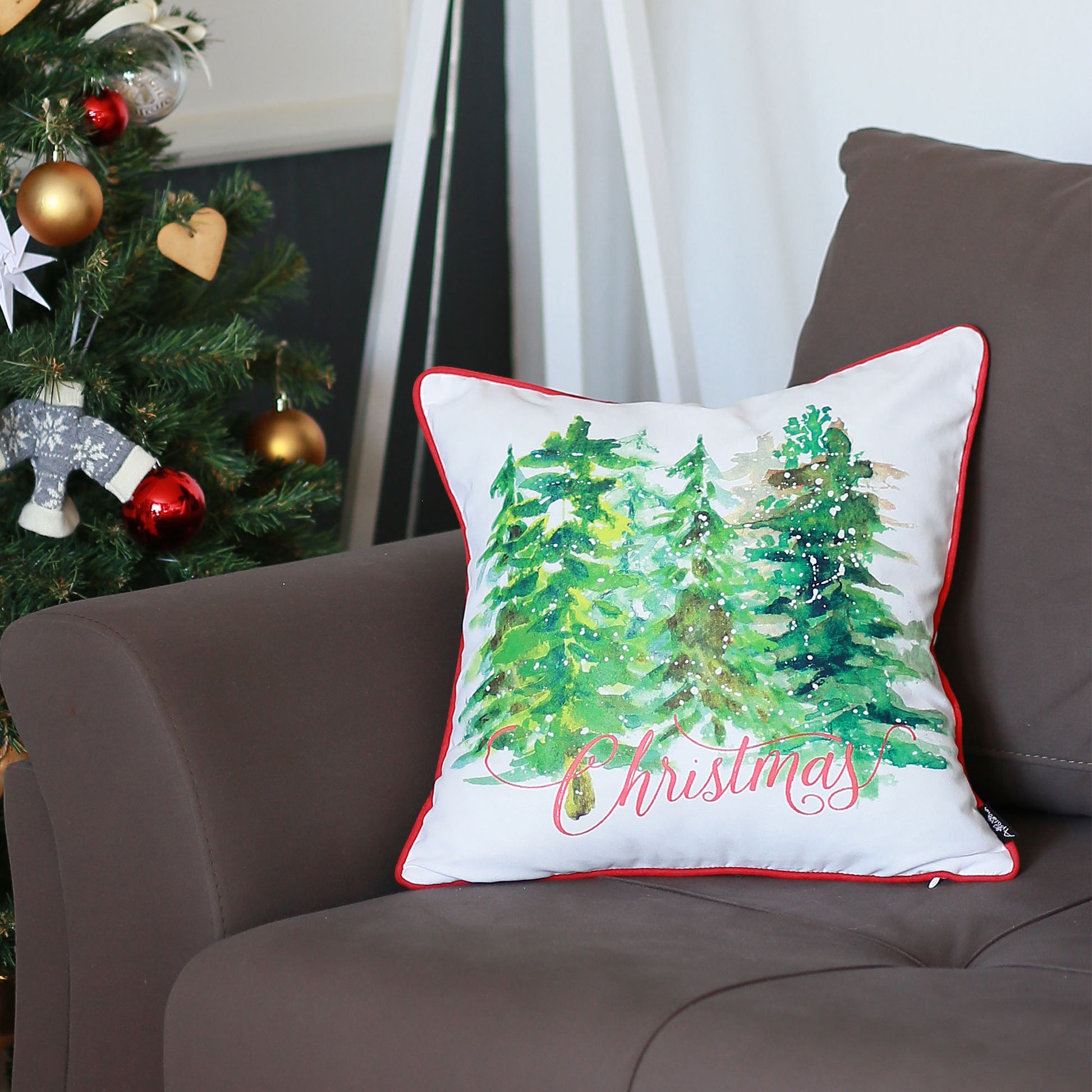 Decorative Christmas Trees Single Throw Pillow Cover 18" x 18" White & Green Square for Couch, Bedding - Apolena