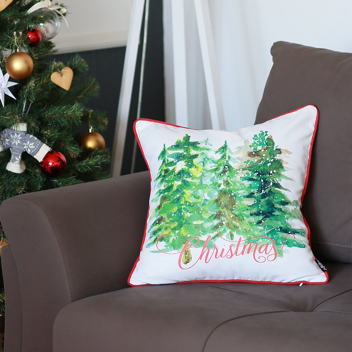 Christmas Trees Decorative Single Throw Pillow 18" x 18" White & Green Square for Couch, Bedding